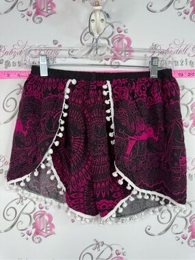 Thailand shorts elephant Boho Pom-Trim Wrap Women’s Shorts in Magenta and Black